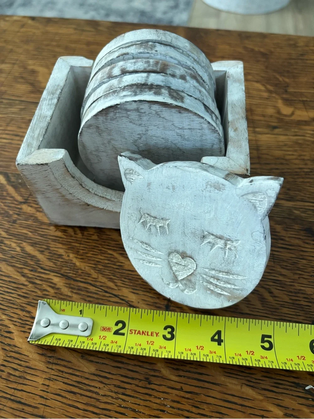 Set of 6 Distressed White Wooden Cat Coasters with Holder